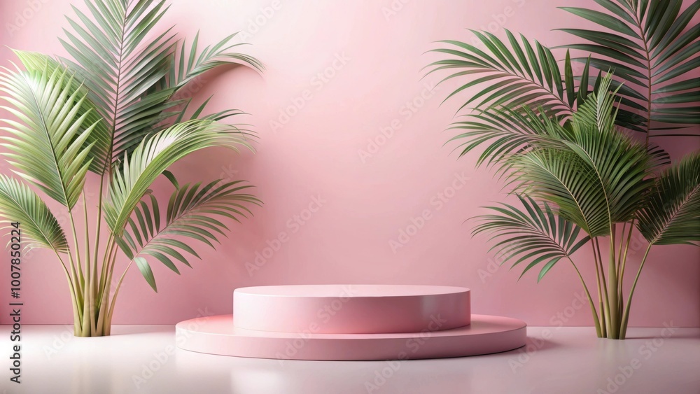 Pink pastel podium with exotic palm leaves display for showcasing products , pink, pastel, podium, exotic, palm leaves Pink pastel podium with exotic palm leaves display for showcasing products , pink, pastel, podium, exotic, palm leaves