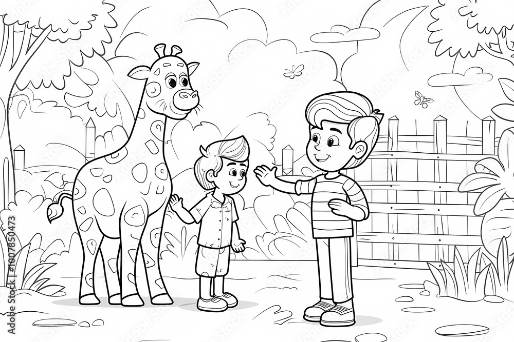 A cheerful cartoon scene featuring a boy and girl with a giraffe in a whimsical landscape, capturing a playful and imaginative moment. A cheerful cartoon scene featuring a boy and girl with a giraffe in a whimsical landscape, capturing a playful and imaginative moment.