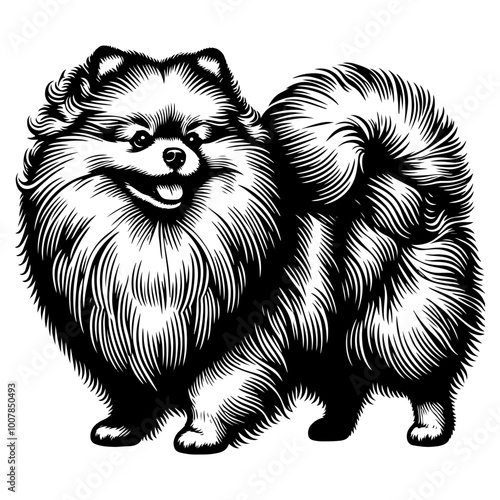 Detailed black and white illustration of a spitz dog. Vector, generative ai.