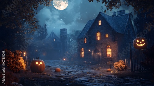 3D illustration of a Halloween concept background of realistic horror house and creepy street with moonlight