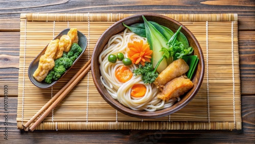 Bowl of vegetable ramen and tempura vegetables on bamboo tray , Japanese, food, cuisine, ramen, vegetables, tempura, crispy photo