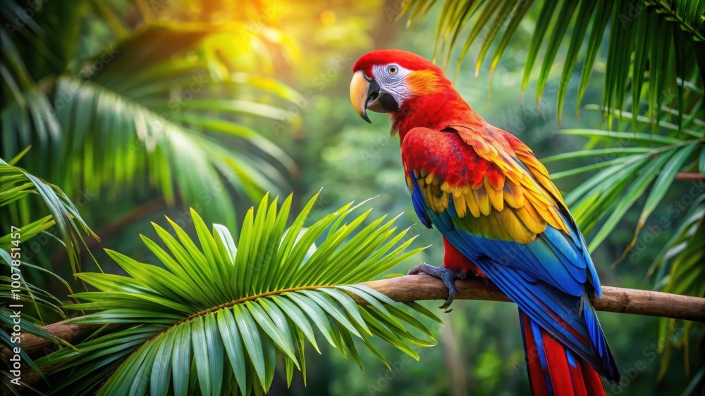 Majestic macaw perched in lush tropical jungle canopy, macaw, tropical, jungle, wildlife, bird, colorful, vibrant, feathers, foliage Majestic macaw perched in lush tropical jungle canopy, macaw, tropical, jungle, wildlife, bird, colorful, vibrant, feathers, foliage