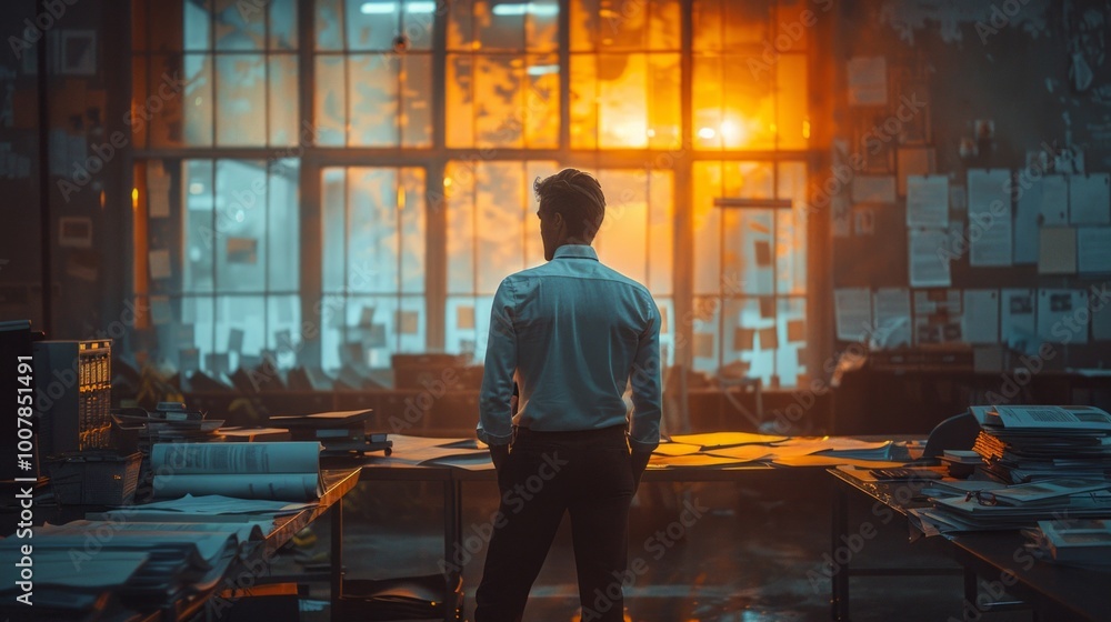 A man stands in a cluttered office with his back to the camera looking out a window.  AI generative. .