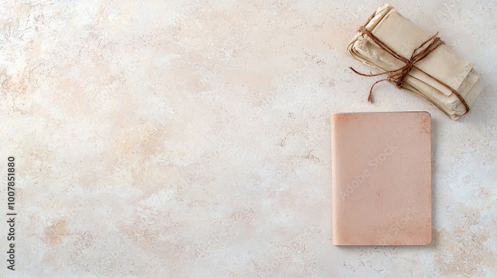 A minimalist composition featuring a soft pink notebook next to a small, wrapped package tied with twine on a textured surface. A minimalist composition featuring a soft pink notebook next to a small, wrapped package tied with twine on a textured surface.