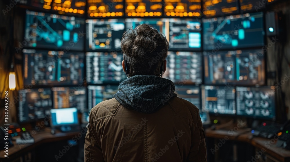 A man sits in a dark room facing multiple computer screens displaying data. AI generative. . A man sits in a dark room facing multiple computer screens displaying data. AI generative. .
