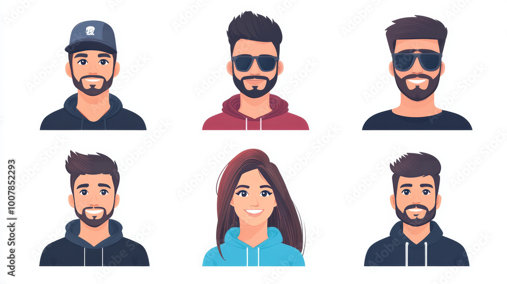 Smiling faces of various people wearing hoodies and casual clothing. Smiling faces of various people wearing hoodies and casual clothing.