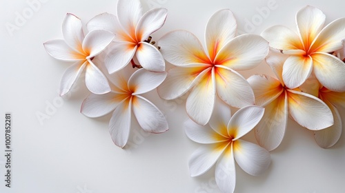 White plumeria flowers with yellow and orange centers on a white background. AI generative. .