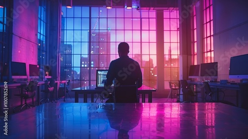 Silhouette of man working at computer in an office with pink and blue neon lights. AI generative. .