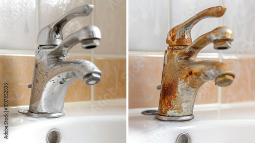 Dirty Stainless Faucet Cover vs. Cleaned: Hard Calcium Water Stains in Bathroom Before and After Using Special Detergent