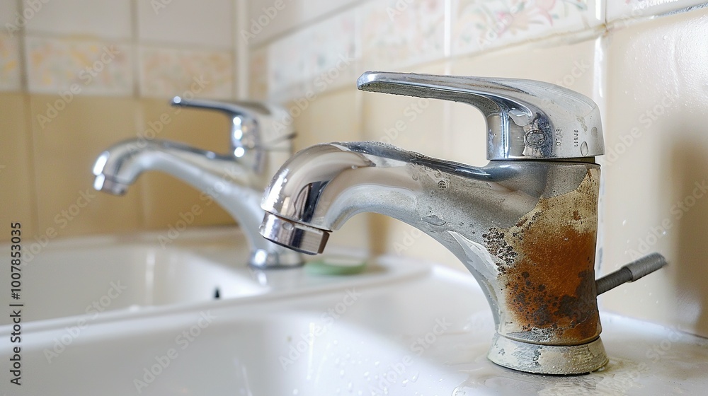Dirty Stainless Faucet Cover vs. Cleaned: Hard Calcium Water Stains in Bathroom Before and After Using Special Detergent Dirty Stainless Faucet Cover vs. Cleaned: Hard Calcium Water Stains in Bathroom Before and After Using Special Detergent