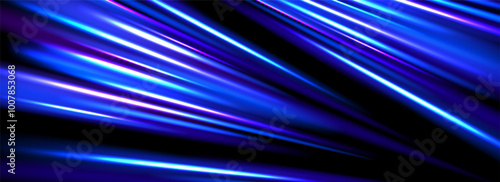 Neon glowing dynamic stripe background. Bright blue speed light effect. Exposure trail flare line texture. Luminous laser rays or beams wallpaper design. Futuristic neon speedy streak backdrop. Vector