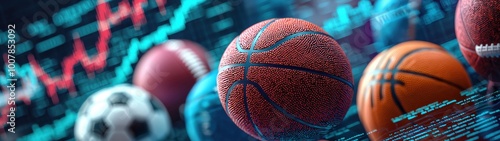 Abstract basketball, football, and soccer balls layered over financial charts, representing sports investments and economics