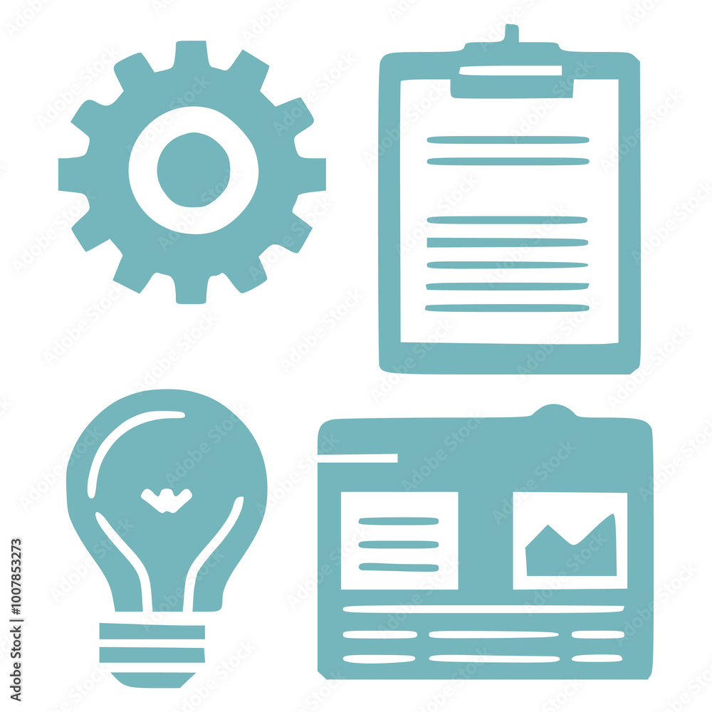Technology resource Setting, bulb, report, people, clock icons collections blue hand drawing vector illustration stock image generated Ai Technology resource Setting, bulb, report, people, clock icons collections blue hand drawing vector illustration stock image generated Ai