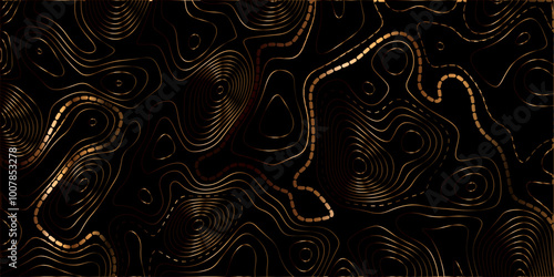 The black on golden contours vector topography stylized height of the lines map. Curved topology and topography vector design abstract background for gold work. Pattern with grid lines seamless.