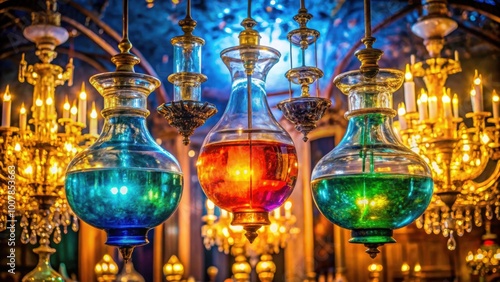 Three ornate glass vases filled with glowing, colorful liquids displayed under elaborate chandelier photo