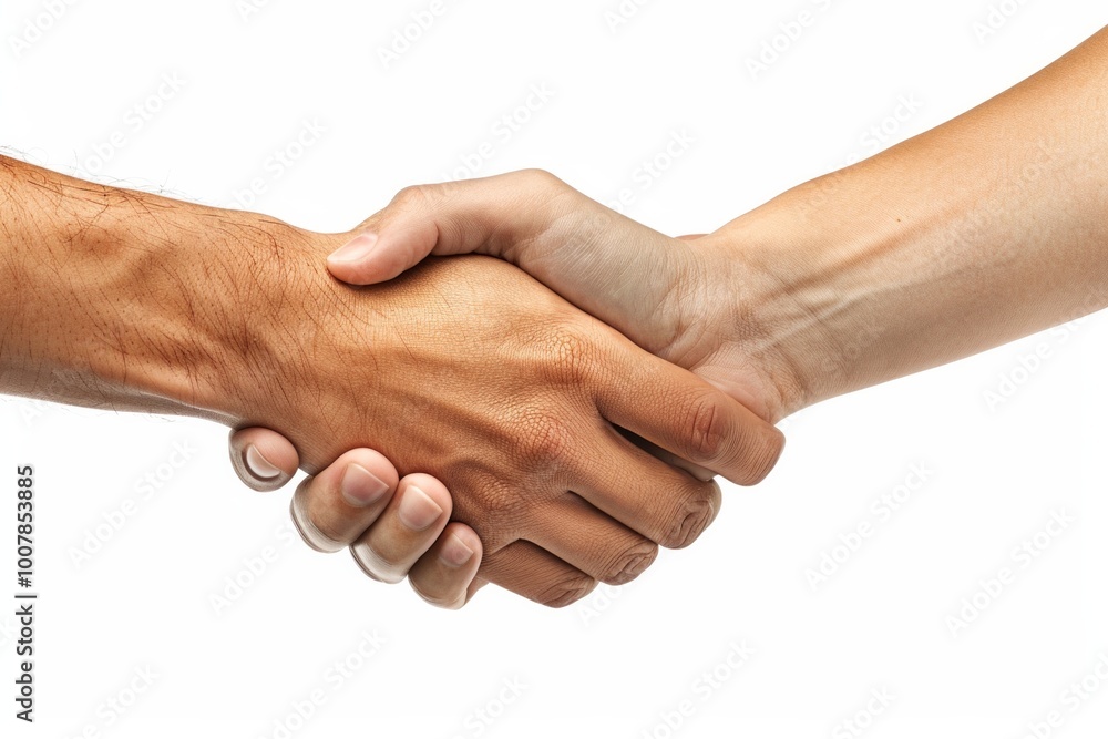 Two hands shaking, one dark skin tone, one light skin tone, isolated on white background. AI generative. . Two hands shaking, one dark skin tone, one light skin tone, isolated on white background. AI generative. .