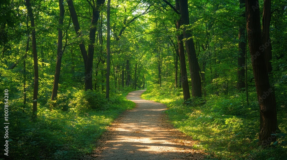 Obraz premium A serene forest path surrounded by lush greenery and dappled sunlight.