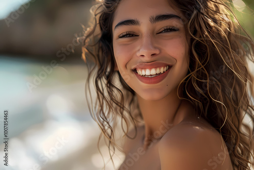 A joyful young woman with curly hair smiles radiantly at the beach, capturing the essence of summer and happiness.