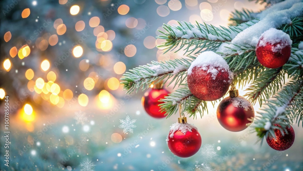 Snow-covered Christmas tree branch with red ornaments and glowing bokeh lights in the background, Christmas, tree Snow-covered Christmas tree branch with red ornaments and glowing bokeh lights in the background, Christmas, tree
