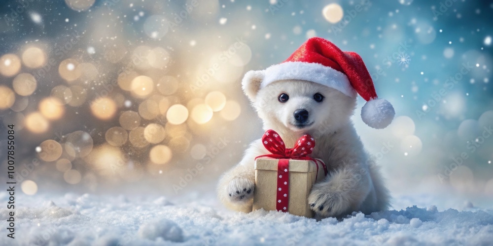 Polar bear cub in Santa hat holding a gift box in snowy scene with bokeh lights, polar bear, cub, Santa hat, gift box Polar bear cub in Santa hat holding a gift box in snowy scene with bokeh lights, polar bear, cub, Santa hat, gift box