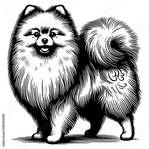 Detailed black and white illustration of a spitz dog. Vector, generative ai.