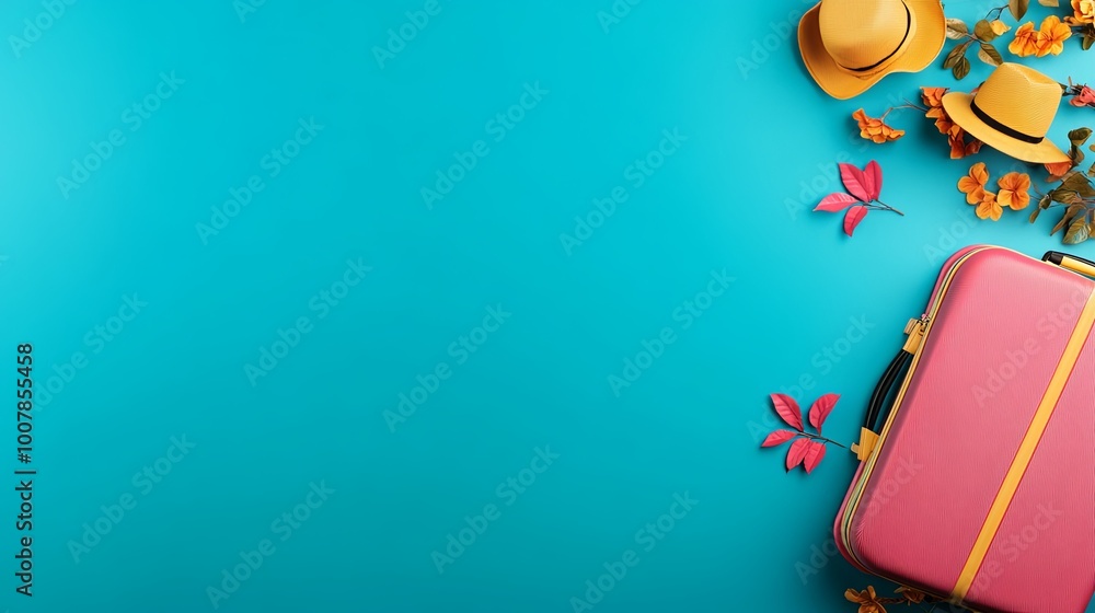 Vibrant summer travel flat lay with suitcase and accessories Vibrant summer travel flat lay with suitcase and accessories