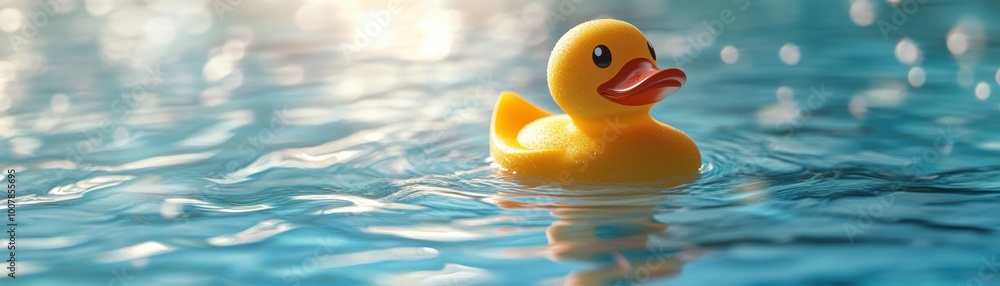 Bright Yellow Rubber Duck Floating on Sparkling Blue Water in Sunlit Pool Bright Yellow Rubber Duck Floating on Sparkling Blue Water in Sunlit Pool