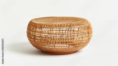 A round wicker coffee table with a white base