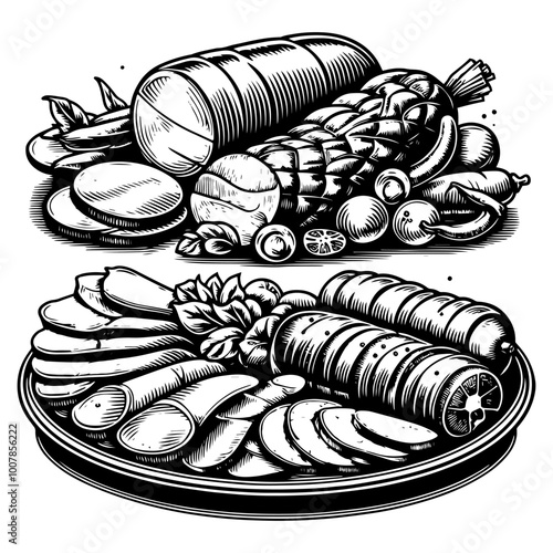 Black and white illustration of various meats and spices on white background. Vector, generative ai.
