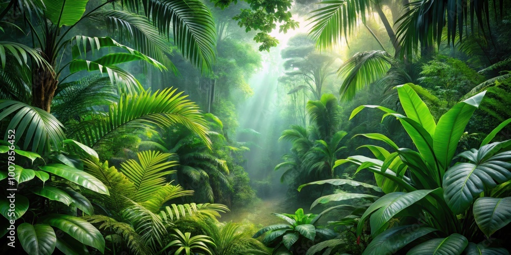 Obraz premium Lush tropical jungle rainforest background with vibrant green foliage and exotic plants, tropical, jungle, rainforest, lush, green