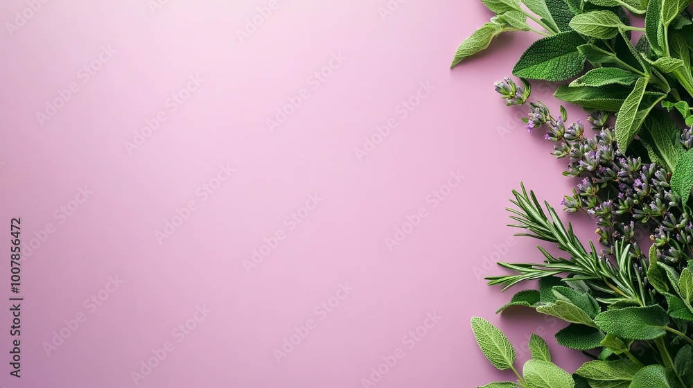 Fresh herbs arranged on a pastel pink background Fresh herbs arranged on a pastel pink background
