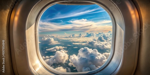 Airplane window with a view of the sky and clouds, aviation, travel, transportation, aircraft, aerial, flying, journey