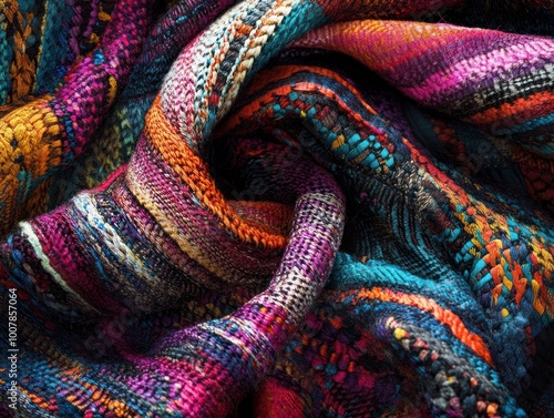 A close-up of a colorful woven textile showcasing intricate patterns and textures.