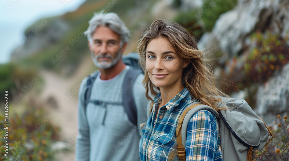 Mature Couple Hiking Together on a Narrow Trail in Lush Greenery Mature Couple Hiking Together on a Narrow Trail in Lush Greenery
