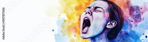 Yawning person with weary expression, exhausted face, copy space, flat design illustration