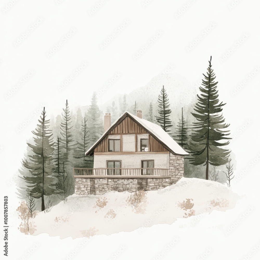 A cozy mountain house surrounded by snowy trees, evoking a serene winter atmosphere. A cozy mountain house surrounded by snowy trees, evoking a serene winter atmosphere.