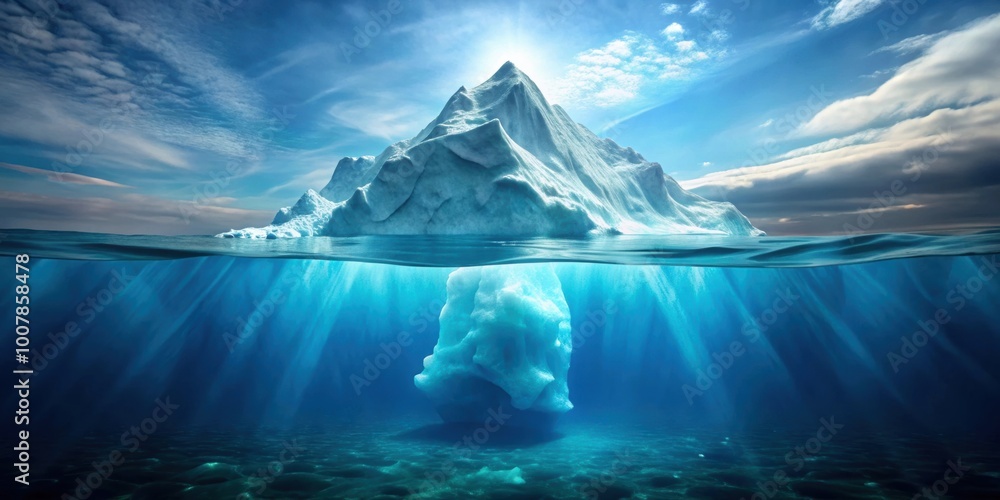 Ominous submerged iceberg in the depths of the ocean , iceberg, underwater, danger, hidden, exploration, underwater world Ominous submerged iceberg in the depths of the ocean , iceberg, underwater, danger, hidden, exploration, underwater world