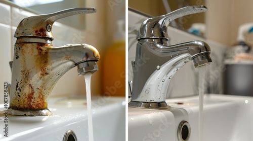 Stainless Faucet Cover Cleaning: Comparing Dirty Images with Hard Calcium Stains Before and After Using Special Detergent