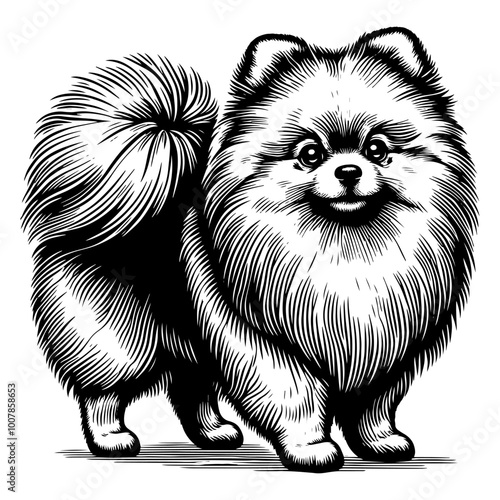 Detailed black and white illustration of a spitz dog. Vector, generative ai.