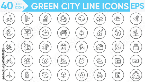 Green city line icons vector and illustrator