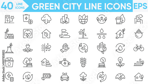 Green city line icons vector and illustrator