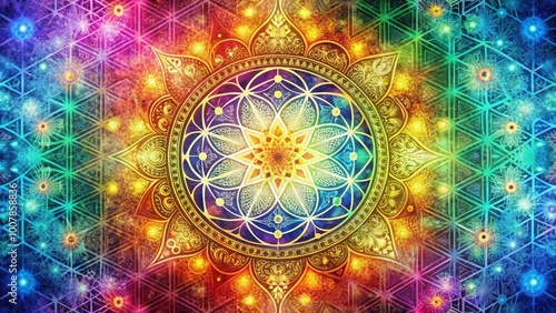 Colorful background with sacred geometry motifs and vintage decorative elements, geometric, colorful, background