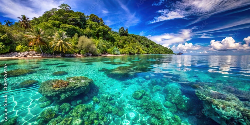 Crystal clear waters teeming with vibrant vegetation and marine life, ideal for snorkeling adventures Crystal clear waters teeming with vibrant vegetation and marine life, ideal for snorkeling adventures