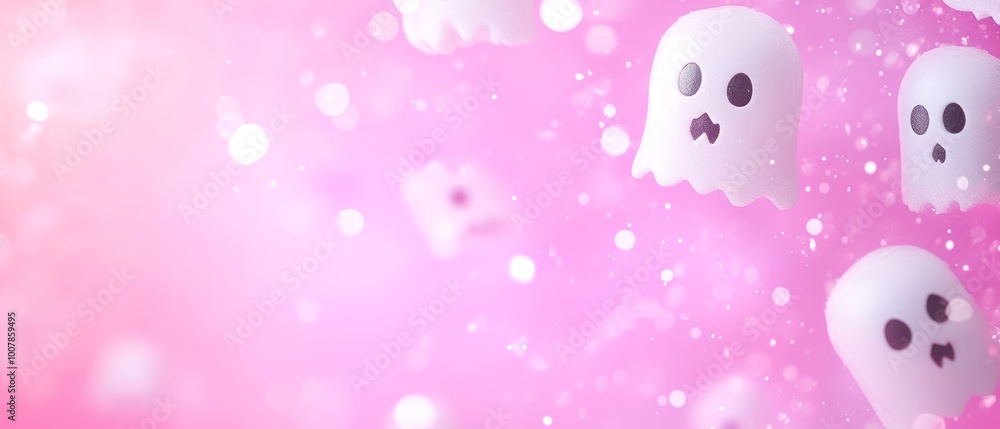 Cute white ghosts floating on a pink background with soft glowing bokeh lights, creating a playful Halloween design. Cute white ghosts floating on a pink background with soft glowing bokeh lights, creating a playful Halloween design.
