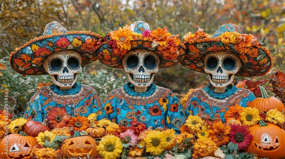 Three colorful Day of the Dead skeletons in traditional attire surrounded by pumpkins and flowers, celebrating the holiday. Three colorful Day of the Dead skeletons in traditional attire surrounded by pumpkins and flowers, celebrating the holiday.
