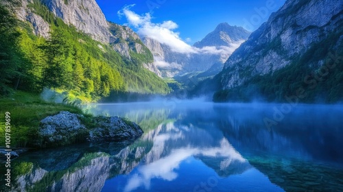 A serene mountain landscape reflecting in a calm lake, surrounded by lush greenery and mist.