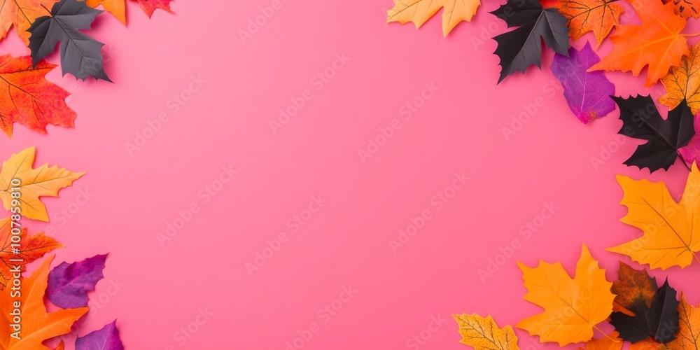 Bright pink background framed by colorful autumn leaves in shades of orange, yellow, purple, and black, creating a vibrant seasonal setup. Bright pink background framed by colorful autumn leaves in shades of orange, yellow, purple, and black, creating a vibrant seasonal setup.