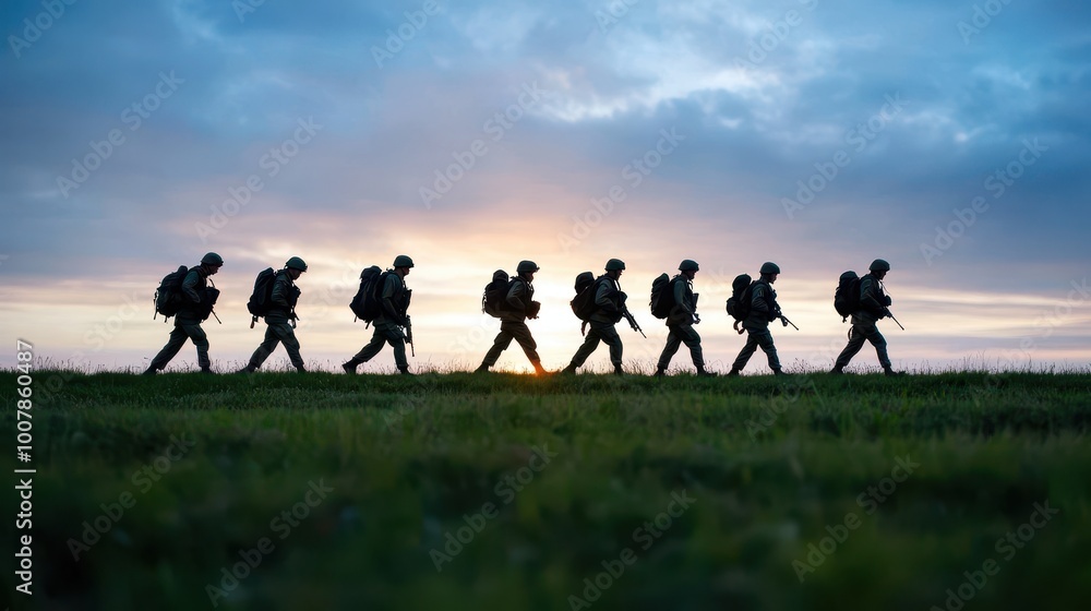 A group of soldiers walking in formation at sunrise, silhouetted against the sky, symbolizing discipline and military teamwork. A group of soldiers walking in formation at sunrise, silhouetted against the sky, symbolizing discipline and military teamwork.