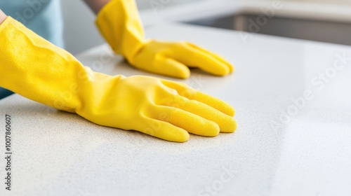 Close-up of hands wearing yellow gloves cleaning a white countertop, highlighting cleanliness, home chores, and hygiene practices.