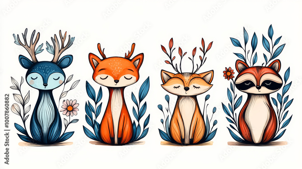 Cute cartoon woodland creatures with closed eyes Cute cartoon woodland creatures with closed eyes